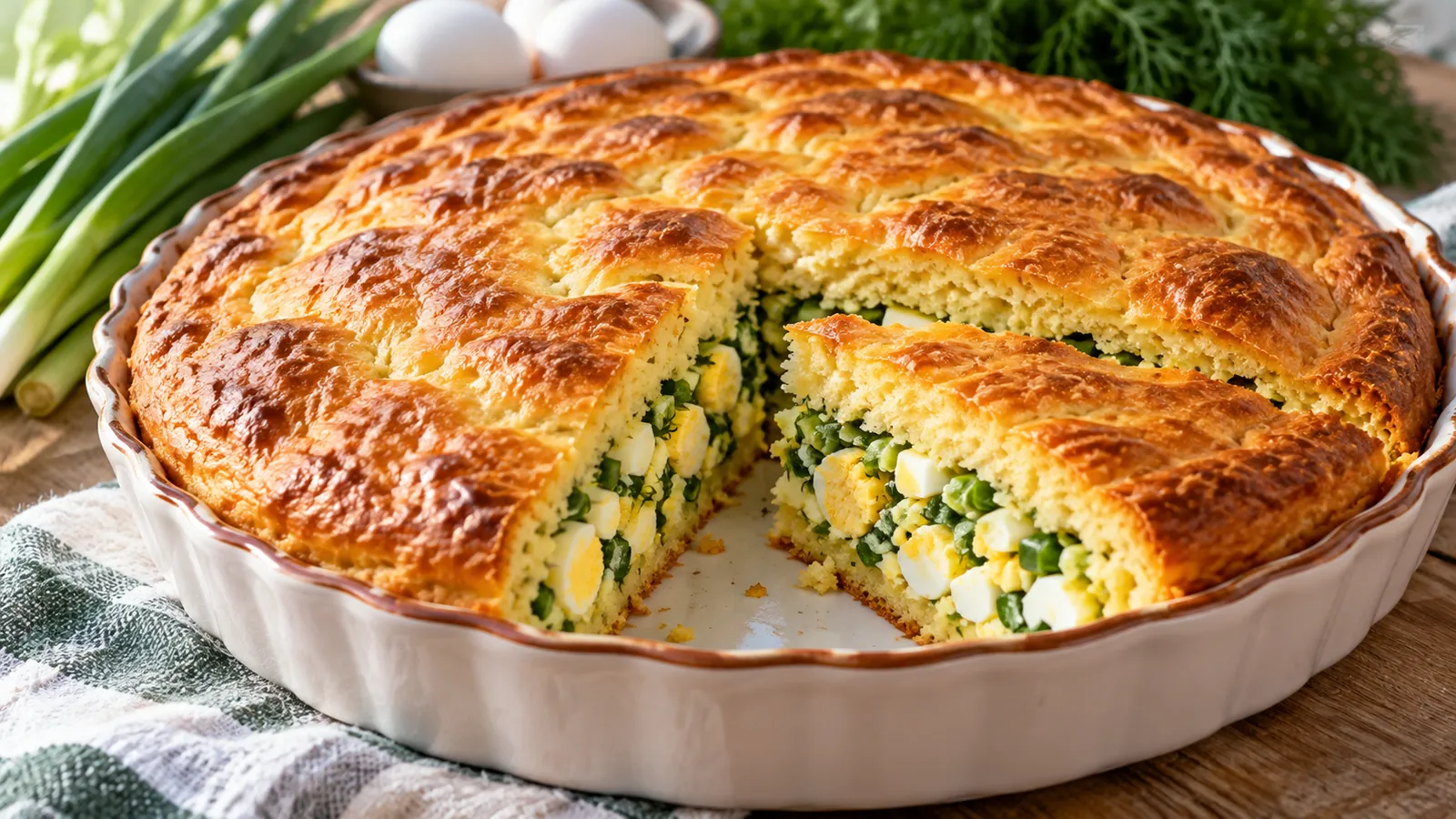 Золотистый заливной пирог с яйцами и зелёным луком в разрезе