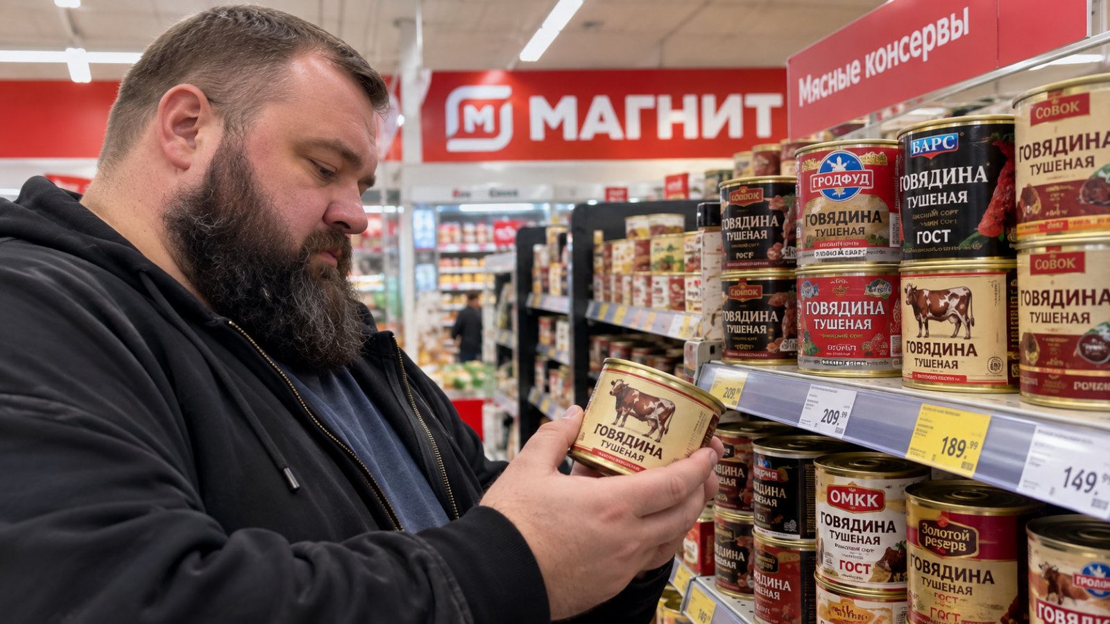 Крупный бородатый мужчина выбирает банку говяжьей тушёнки среди полок с мясными консервами в магазине «Магнит»