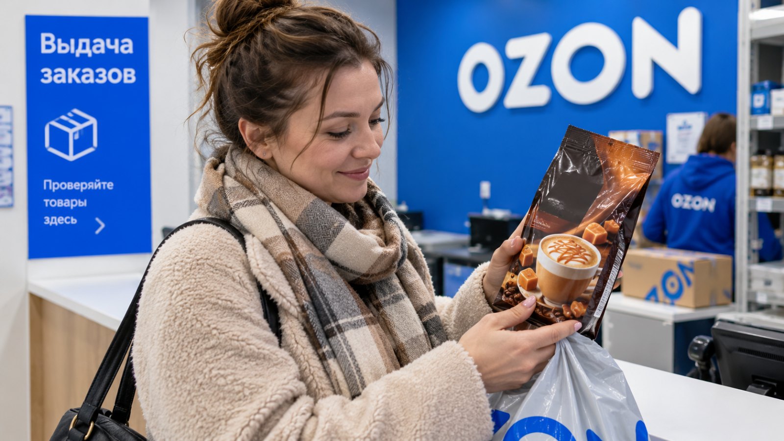 Женщина забирает в пункте Ozon упаковку кофе с солёной карамелью и рассматривает её у стойки выдачи