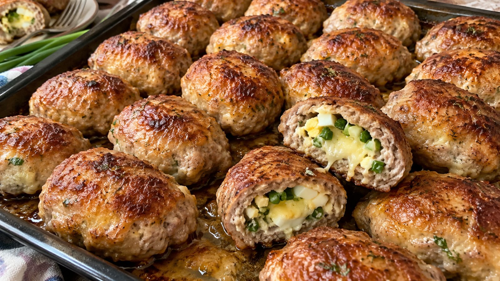 Румяные мясные зразы с начинкой из варёного яйца, расплавленного сыра и зелёного лука на противне, несколько котлет разрезаны пополам, чтобы показать сочную начинку.