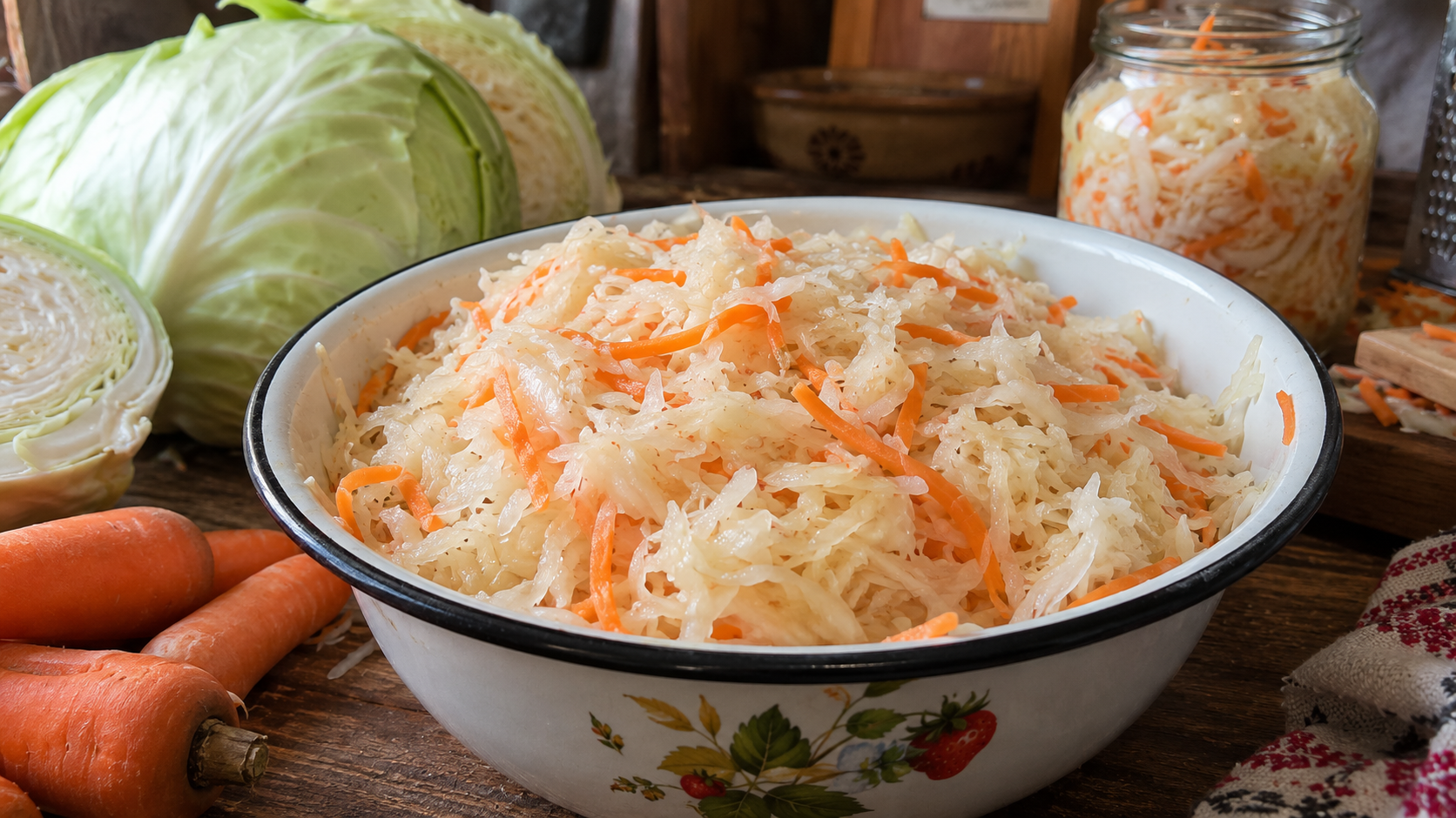 Хрустящая квашеная капуста с морковью в стеклянной банке