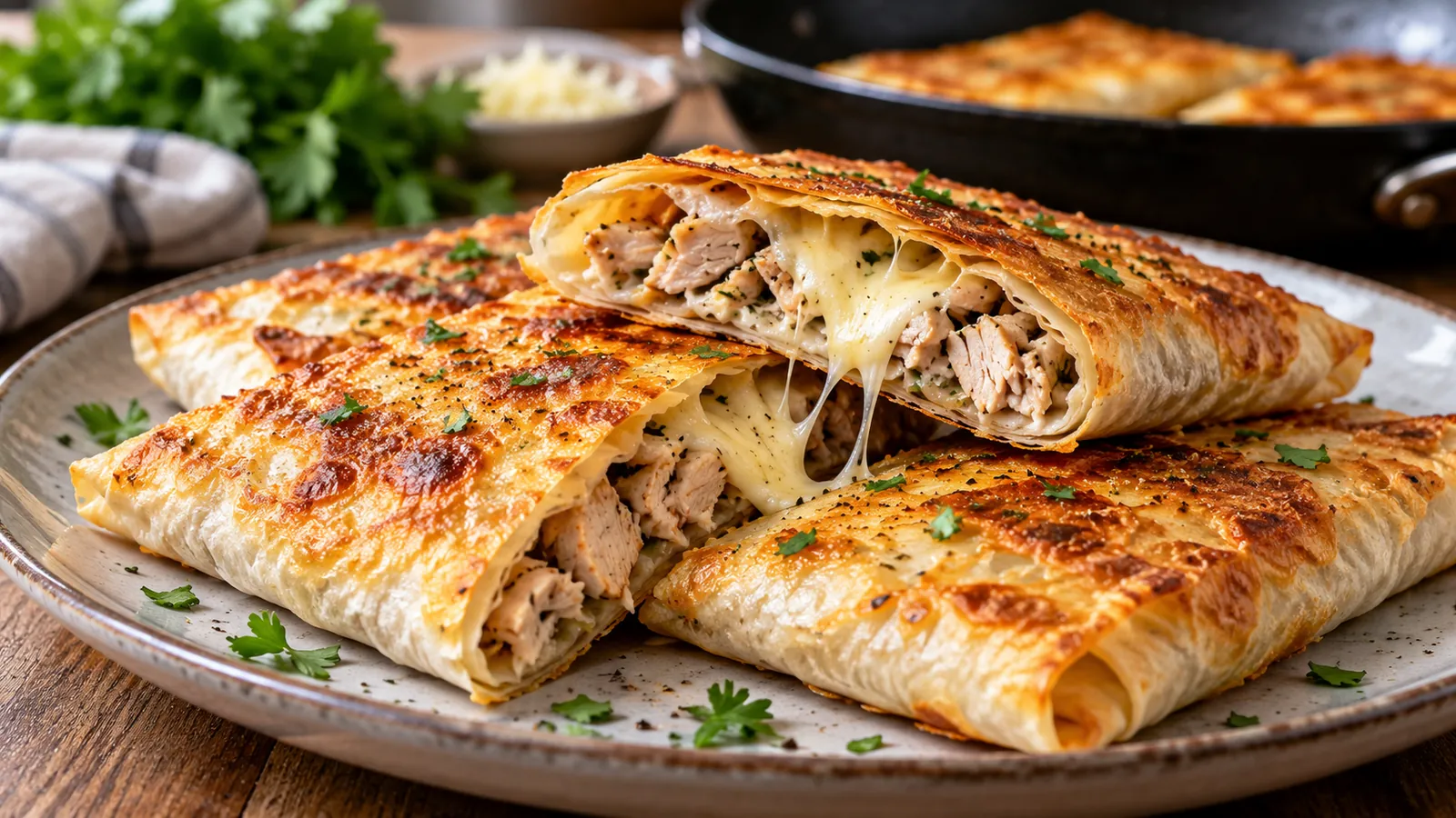 Подрумяненные конвертики из лаваша с курицей и сыром