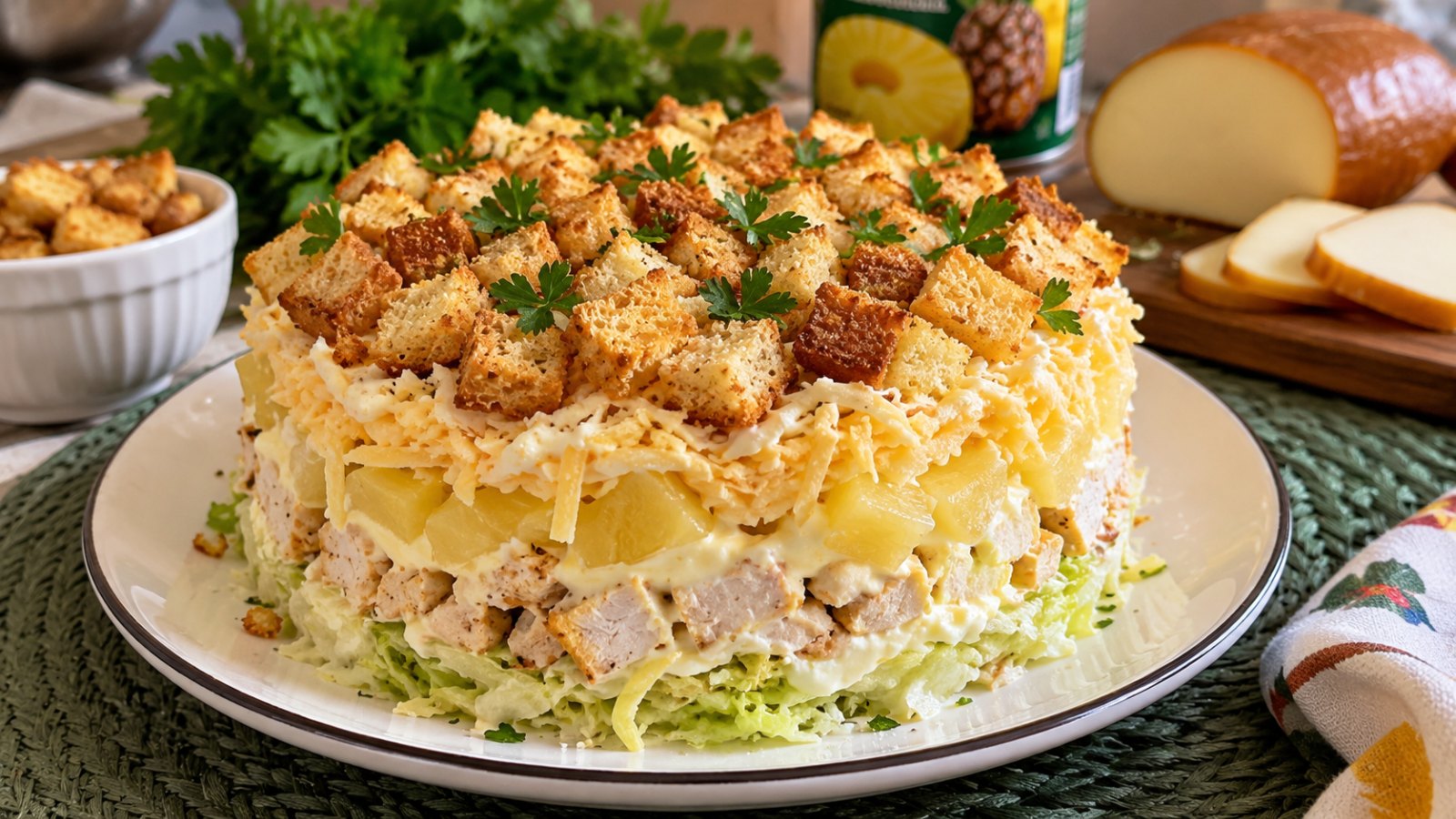 Слоёный салат «Миледи» с курицей, ананасом, копчёным сыром и хрустящими сухариками на праздничной тарелке.