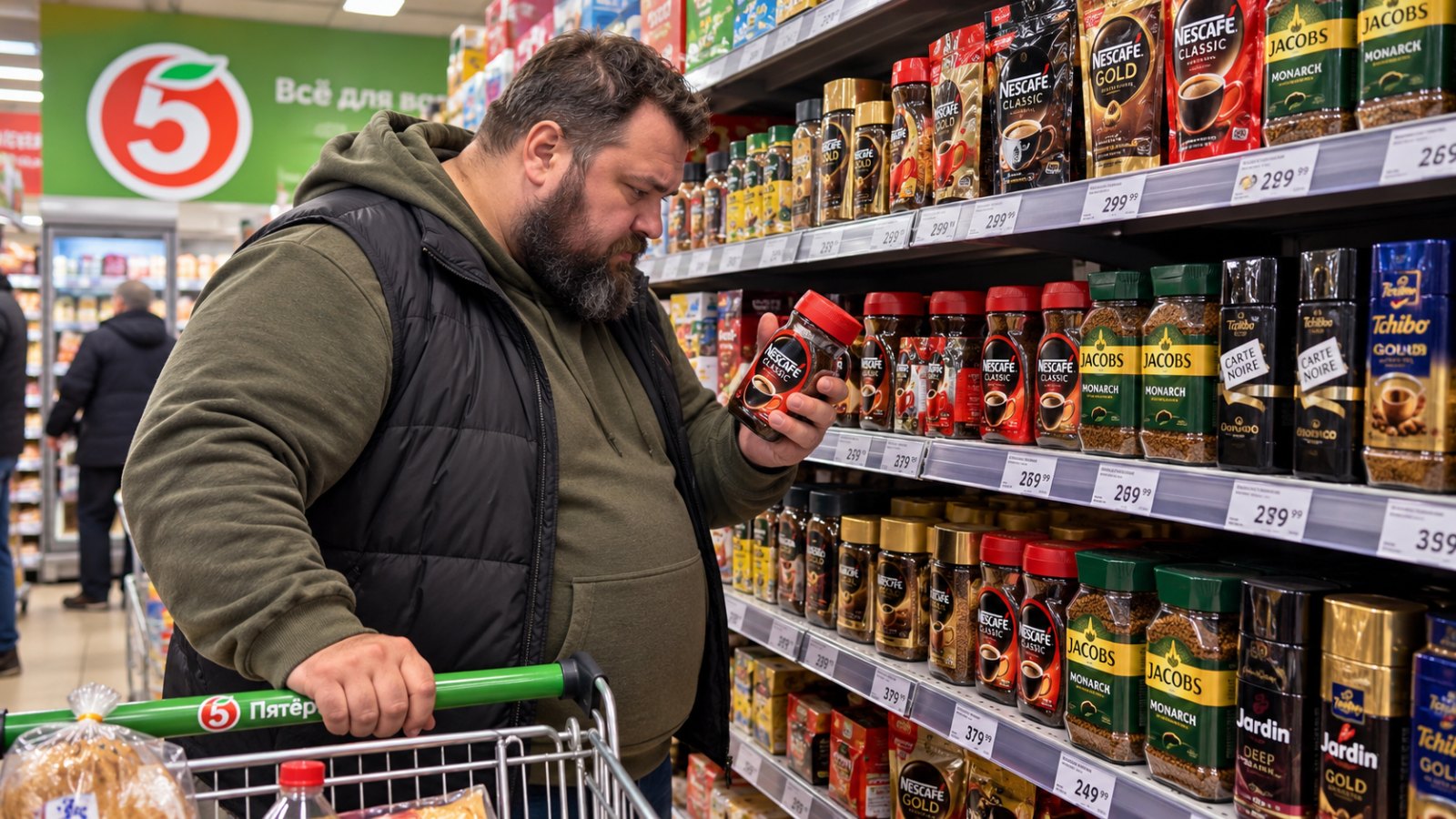 Полный бородатый мужчина выбирает растворимый кофе в магазине «Пятёрочка», внимательно рассматривает банку в руке; вокруг длинные полки, плотно заставленные множеством банок и упаковок кофе разных видов, яркое освещение супермаркета.