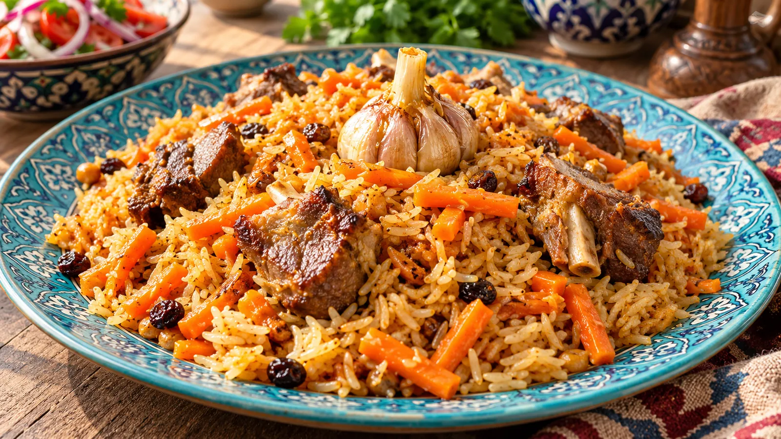 Рассыпчатый плов с мясом, морковью и чесноком