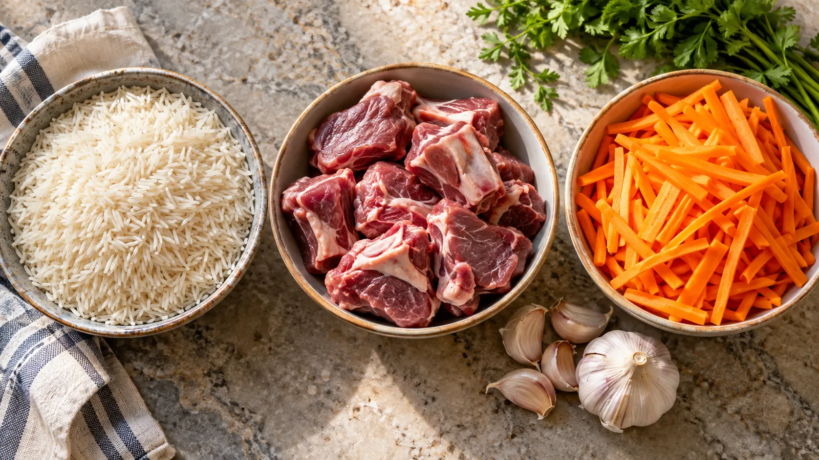 Для пропорции 1:1:1 взвешивают сухой рис, мясо без костей и уже очищенную морковь.