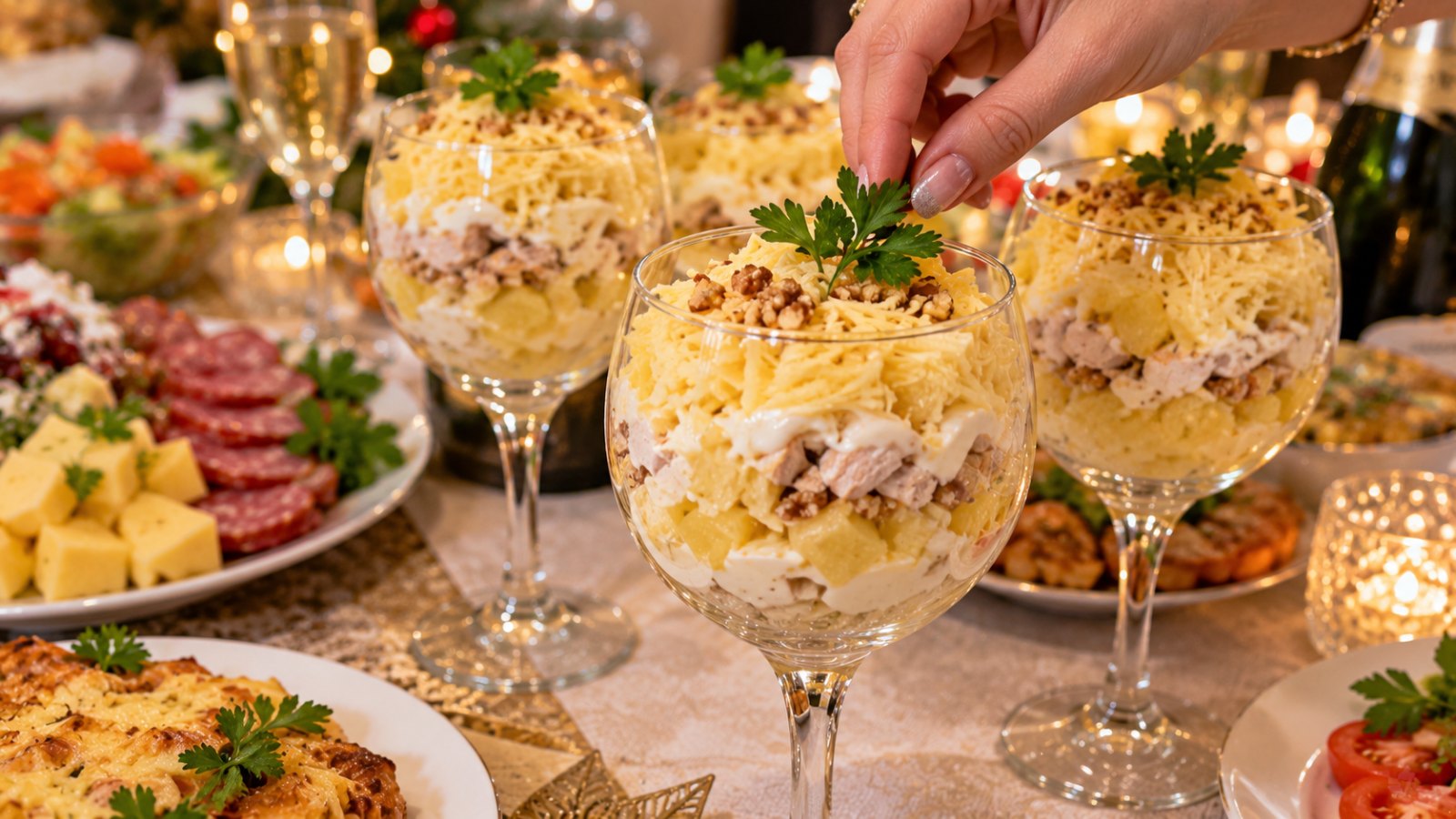 Порционный салат «Леди» с курицей, ананасом и сыром в прозрачных бокалах на праздничном столе
