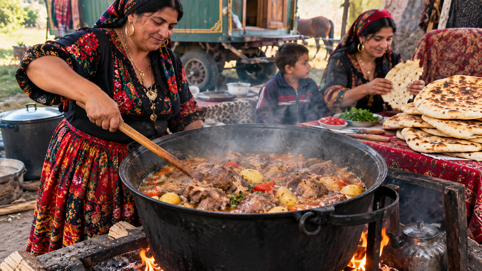 Ромская семья готовит мясное рагу с картофелем в большом котле на открытом огне, рядом стопка лепёшек