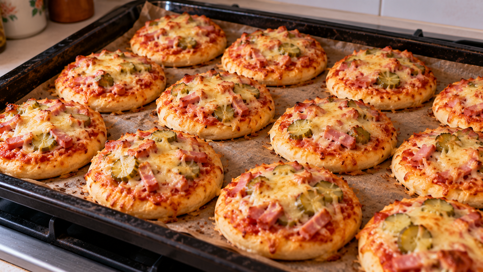 Небольшие порционные пиццы с колбасой, сыром и маринованными огурцами на противне